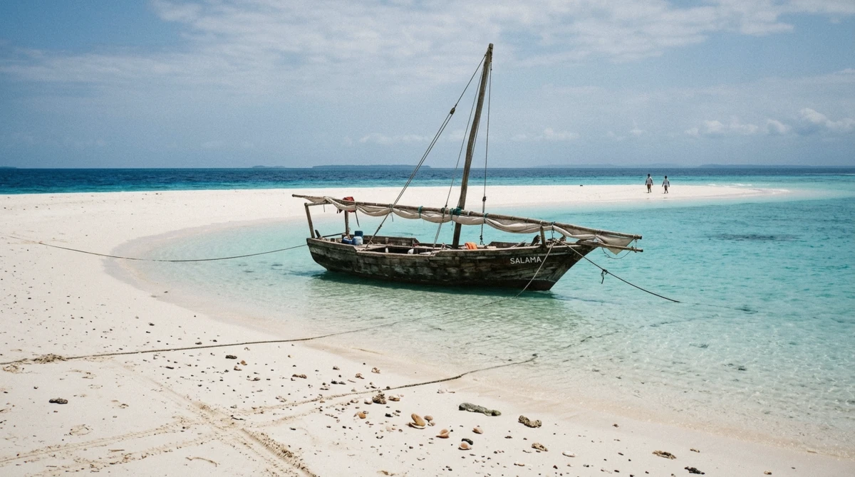 A dhow moored beside a white sandbank on a snorkeling in Zanzibar day trip at low tide
