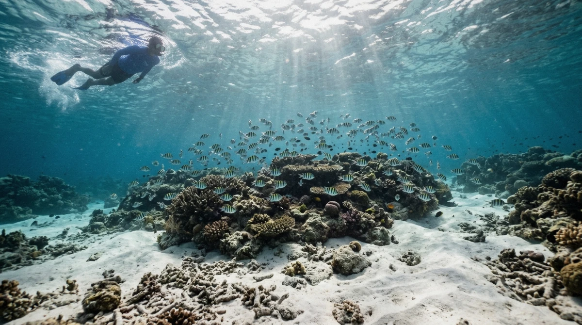 Coral head and reef fish at Mnemba Atoll, the richest marine life you see snorkeling in Zanzibar