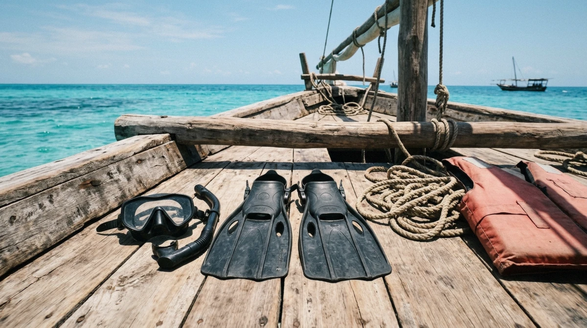 Snorkel masks and fins laid out on a boat deck before a snorkeling in Zanzibar trip