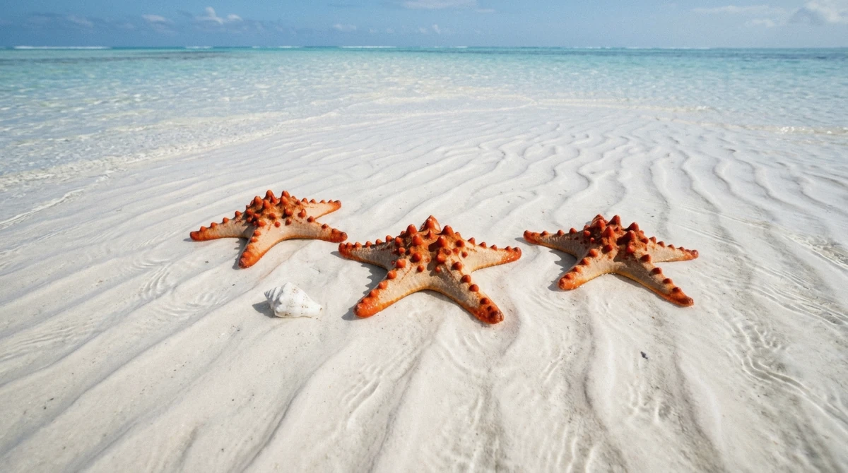 Red-knobbed starfish in ankle-deep water, typical of shore snorkeling in Zanzibar at high tide