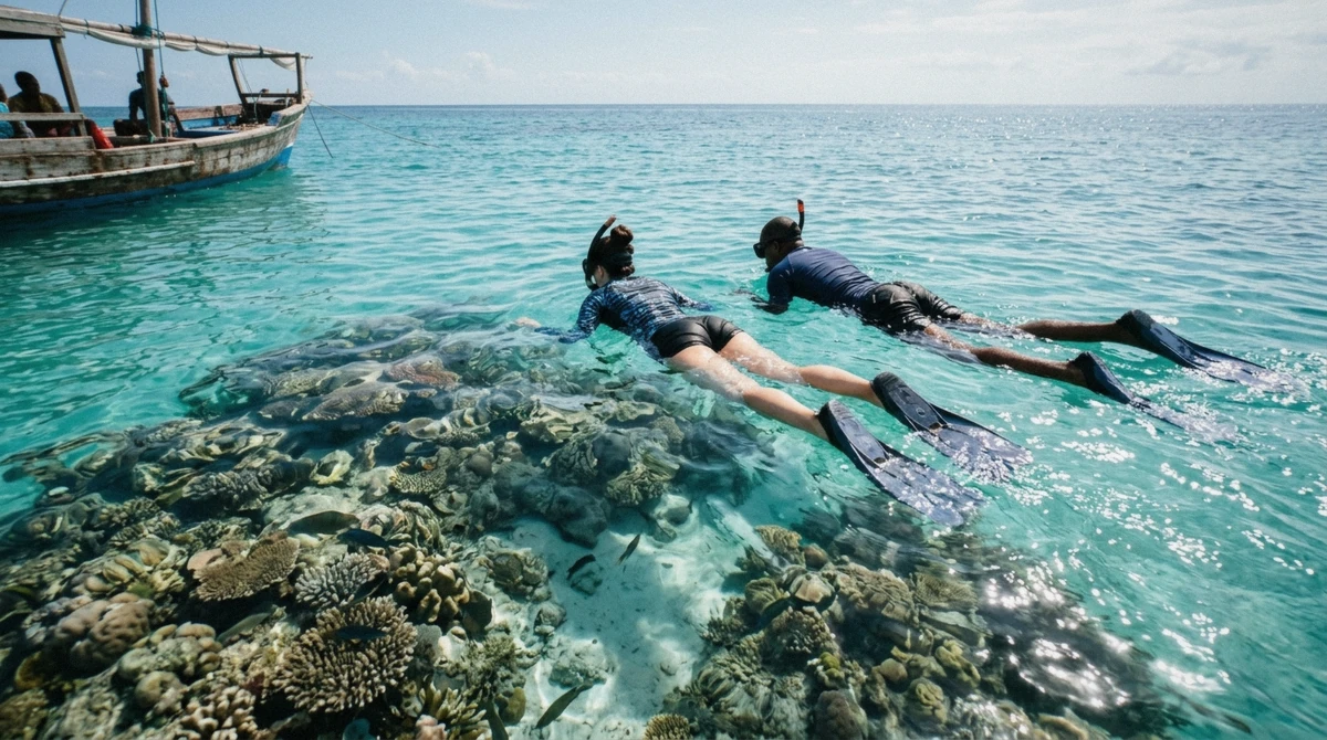 Snorkelers swimming above a shallow coral reef while snorkeling in Zanzibar near Mnemba Atoll